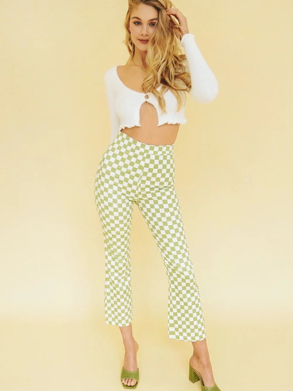 Verge Girl Lime Green and White Checkerboard Cropped Pants